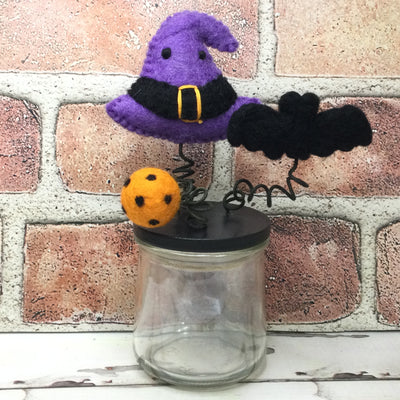 Wooly Witch's Hat & Bat on Black Stash-it Jar/Halloween