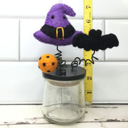 Wooly Witch's Hat & Bat on Black Stash-it Jar/Halloween