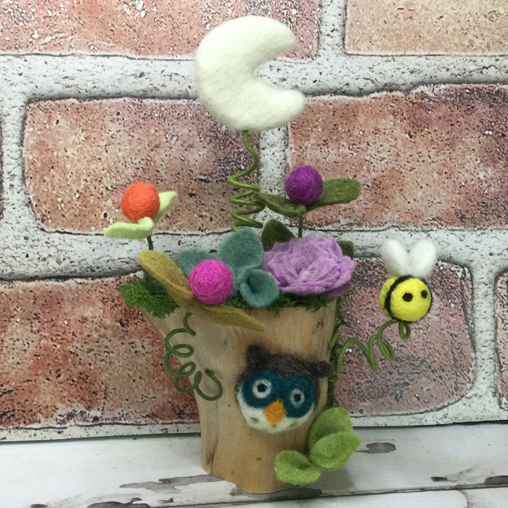 Wooly Owl, Bee & Moon on Natural Tree Stump