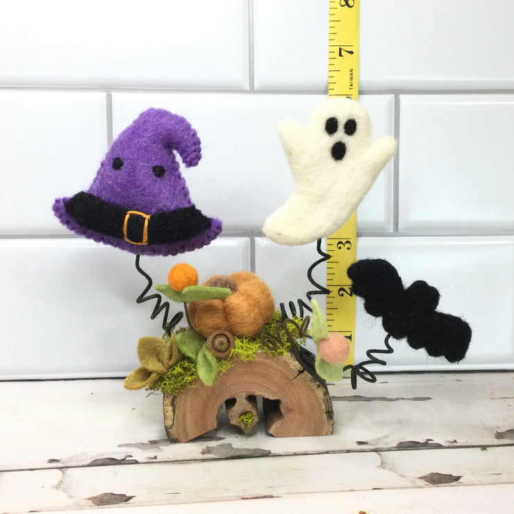 Witch's Hat, Bat, Pumpkin & Ghost on Natural Tree Stump/Halloween