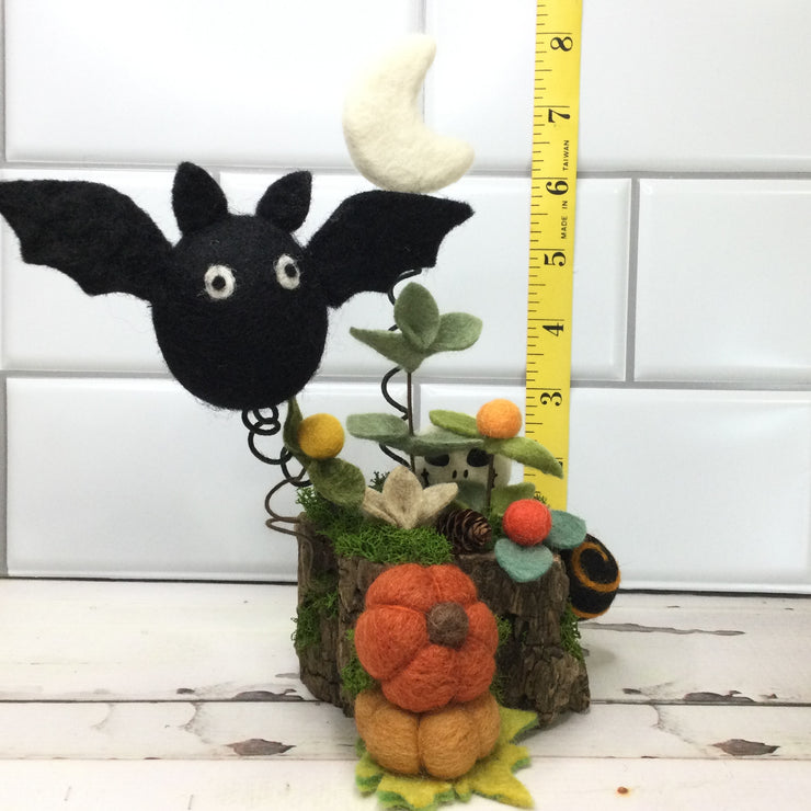 Bat, Moon, Pumpkins & Skully on Natural Tree Stump/Halloween