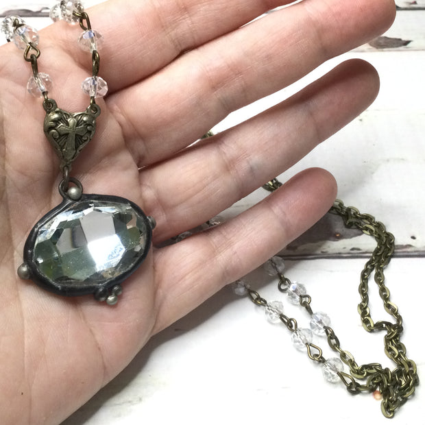 Delaney/32” Artisan-made Vintage Crystal Pendant Gunmetal Necklace