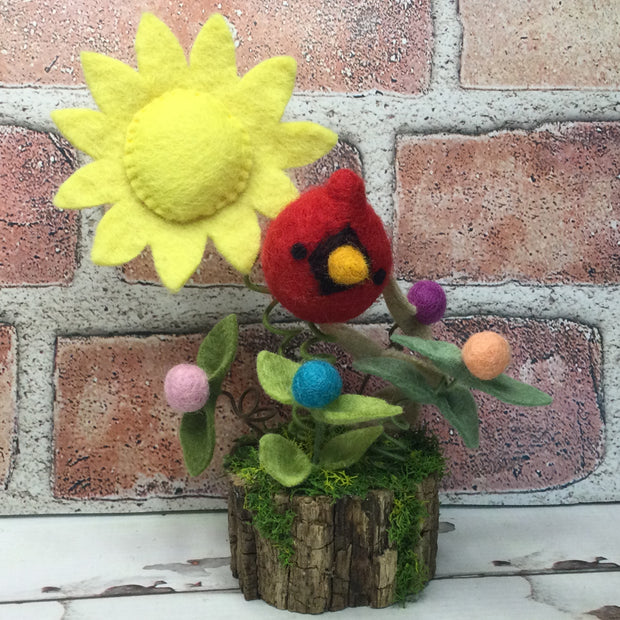 Wooly Cardinal, Sun & Flora/On Natural Tree Stump