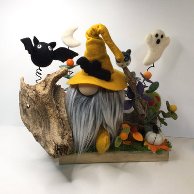 Golden Gnome & His Sidekick Horse-Face on Natural Tree Stump/Halloween