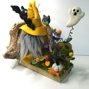 Golden Gnome & His Sidekick Horse-Face on Natural Tree Stump/Halloween