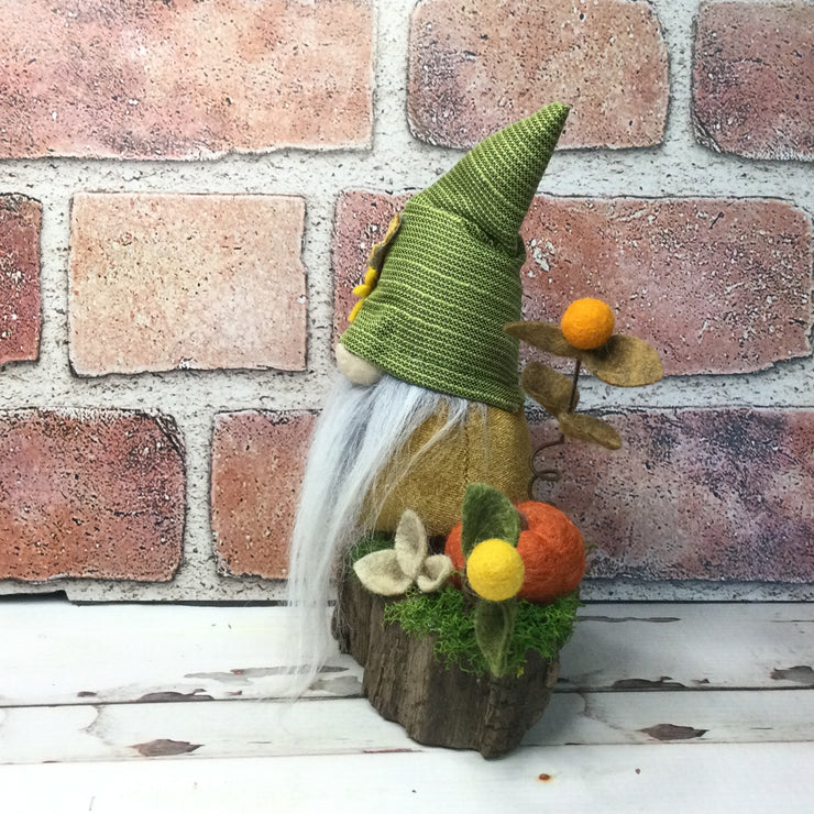 Sunflower Gnome with Pumpkin & Flora on Natural Tree Stump