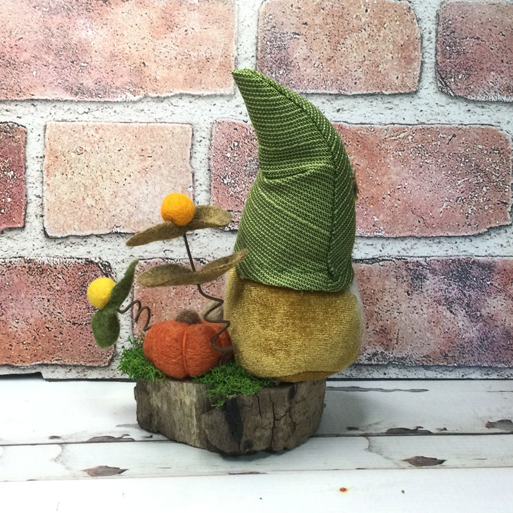 Sunflower Gnome with Pumpkin & Flora on Natural Tree Stump