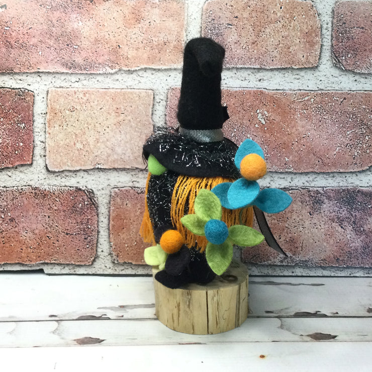 Witchy Gnome with flora on Natural Tree Stump/Halloween