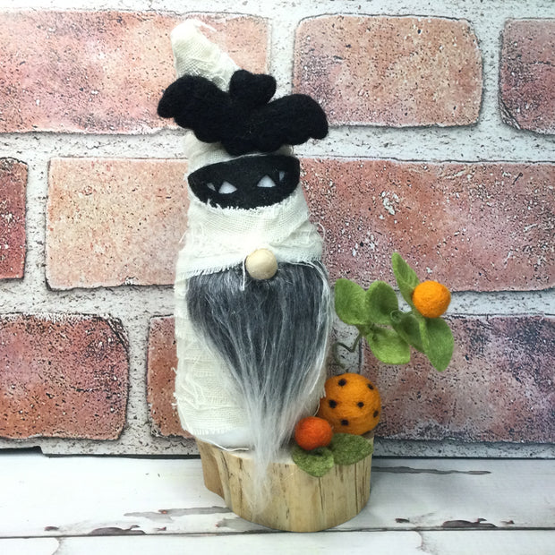 Mummy Gnome with Flora on Natural Tree Stump/Halloween