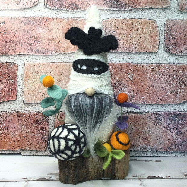 Mummy Gnome, Spiderweb & Flora on Natural Tree Stump/Halloween