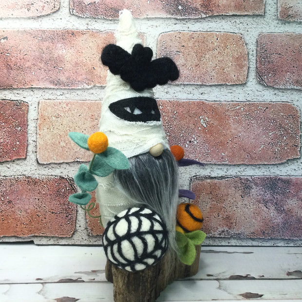 Mummy Gnome, Spiderweb & Flora on Natural Tree Stump/Halloween