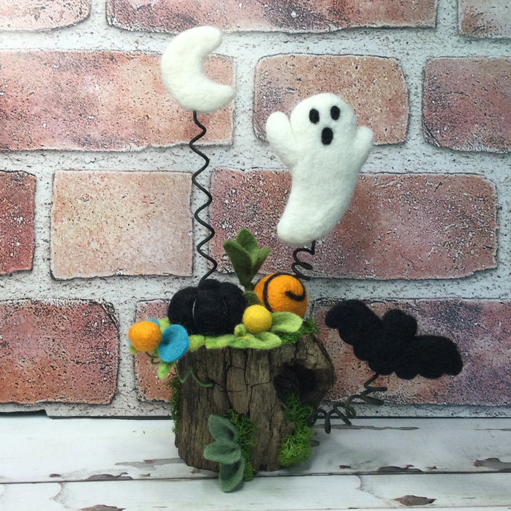 Ghost, Pumpkin, Moon, Bat & Flora on Natural Tree Stump/Halloween