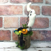 Ghost, Pumpkin, Moon, Bat & Flora on Natural Tree Stump/Halloween