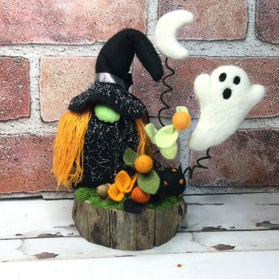 Witchy Gnome with Ghost, Moon & Flora on Natural Tree Stump/Halloween