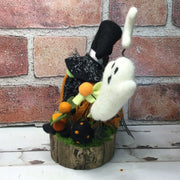 Witchy Gnome with Ghost, Moon & Flora on Natural Tree Stump/Halloween