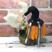 Witchy Gnome with Ghost, Moon & Flora on Natural Tree Stump/Halloween