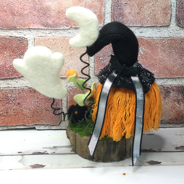 Witchy Gnome with Ghost, Moon & Flora on Natural Tree Stump/Halloween