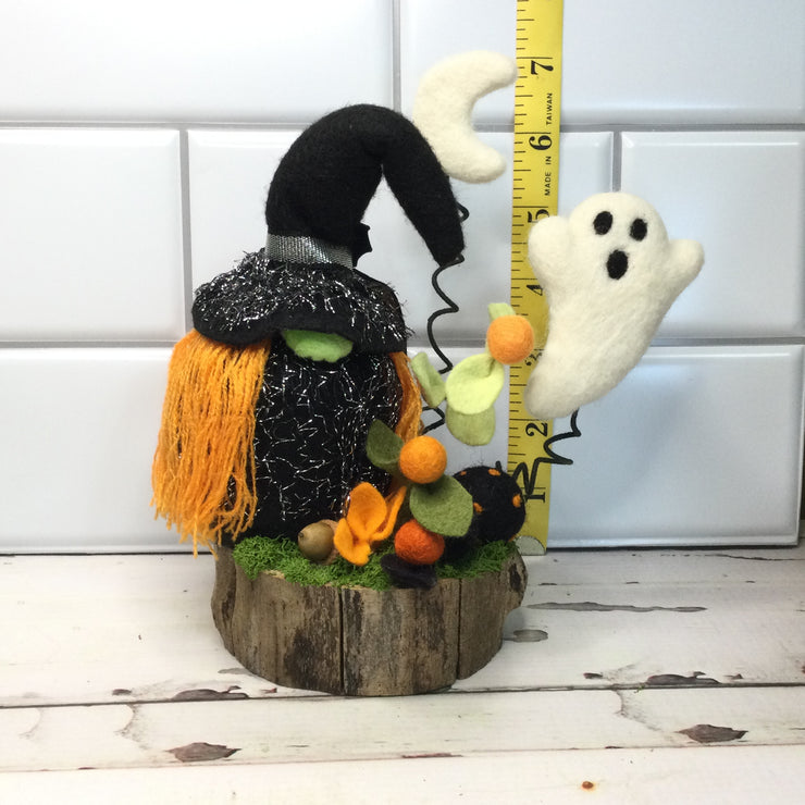 Witchy Gnome with Ghost, Moon & Flora on Natural Tree Stump/Halloween