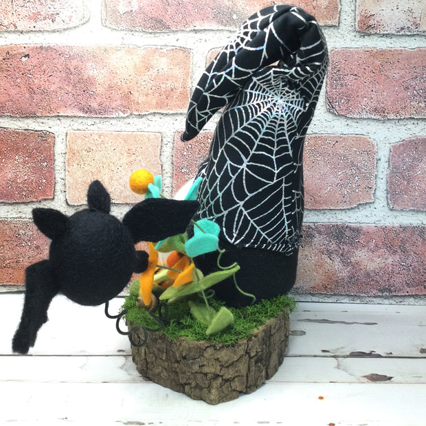 Spiderweb Gnome with Bat & Flora on Natural Tree Stump/Halloween