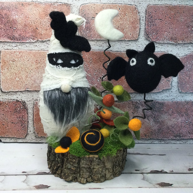 Mummy Gnome with Bat, Moon & Flora on Natural Tree Stump/Halloween