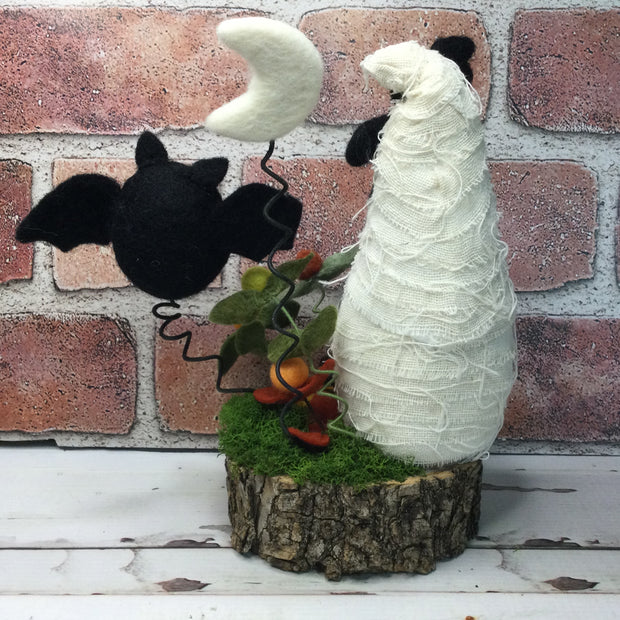 Mummy Gnome with Bat, Moon & Flora on Natural Tree Stump/Halloween