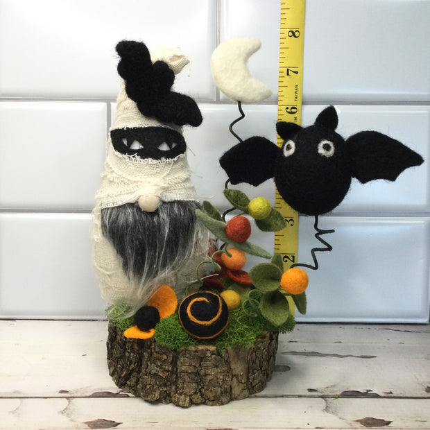 Mummy Gnome with Bat, Moon & Flora on Natural Tree Stump/Halloween