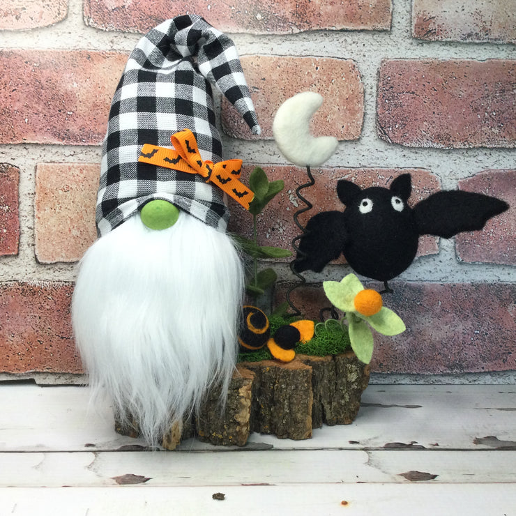 Green Nose Gnome with Bat, Moon & Flora on Natural Tree Stump/Halloween