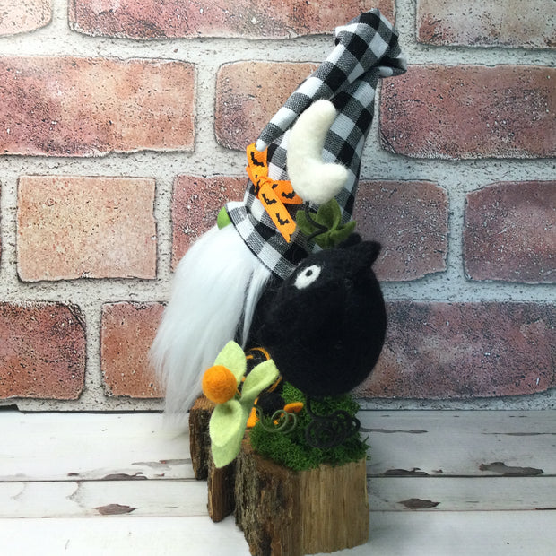 Green Nose Gnome with Bat, Moon & Flora on Natural Tree Stump/Halloween