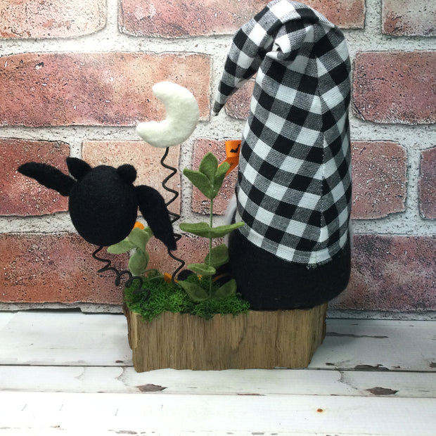 Green Nose Gnome with Bat, Moon & Flora on Natural Tree Stump/Halloween