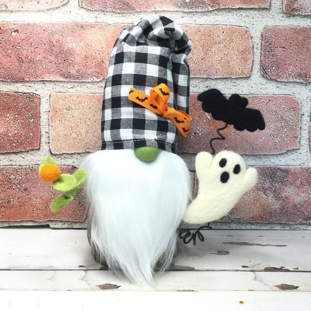 Green Nose Gnome with Ghost, Bat & Flora on Natural Tree Stump/Halloween