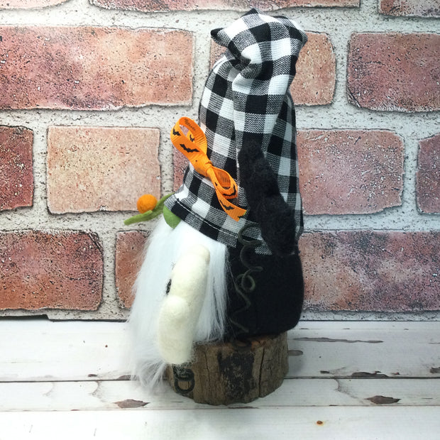 Green Nose Gnome with Ghost, Bat & Flora on Natural Tree Stump/Halloween