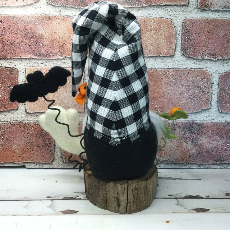 Green Nose Gnome with Ghost, Bat & Flora on Natural Tree Stump/Halloween