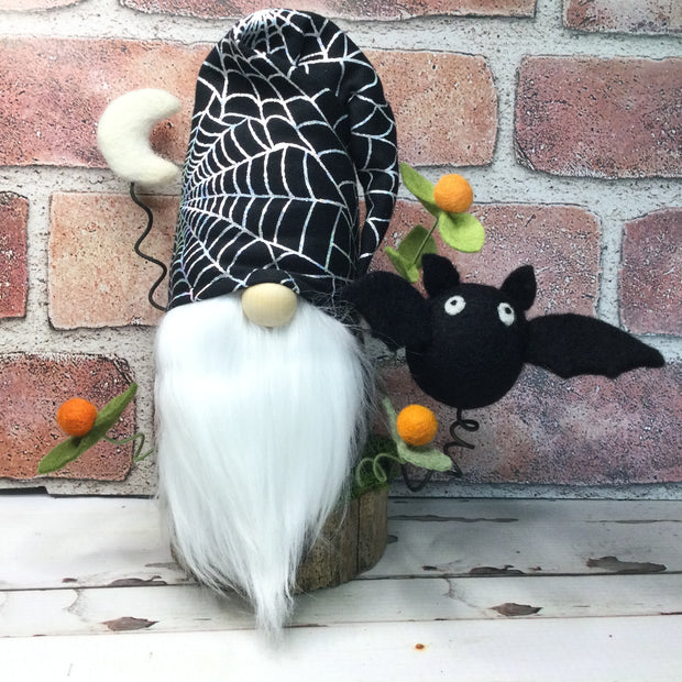 Spiderweb Gnome with Bat, Moon & Flora on Natural Tree Stump/Halloween