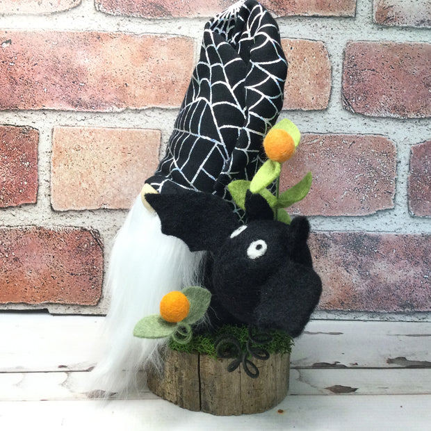 Spiderweb Gnome with Bat, Moon & Flora on Natural Tree Stump/Halloween