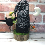 Spiderweb Gnome with Bat, Moon & Flora on Natural Tree Stump/Halloween