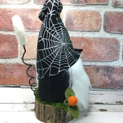 Spiderweb Gnome with Bat, Moon & Flora on Natural Tree Stump/Halloween