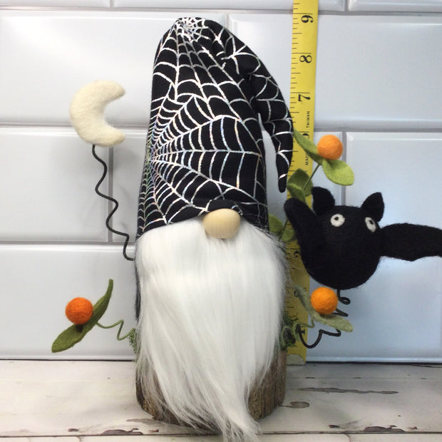 Spiderweb Gnome with Bat, Moon & Flora on Natural Tree Stump/Halloween