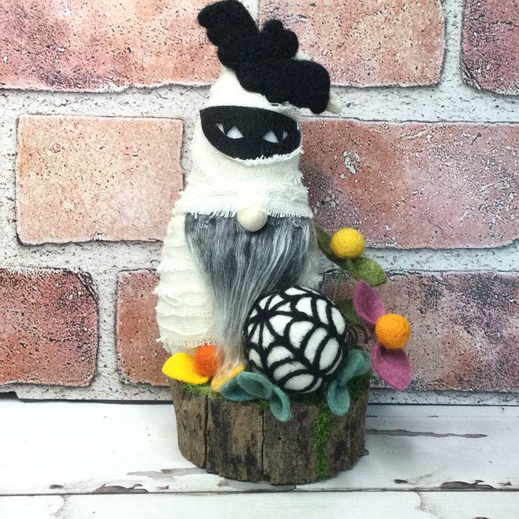 Mummy Gnome with Spiderweb & Flora on Natural Tree Stump/Halloween