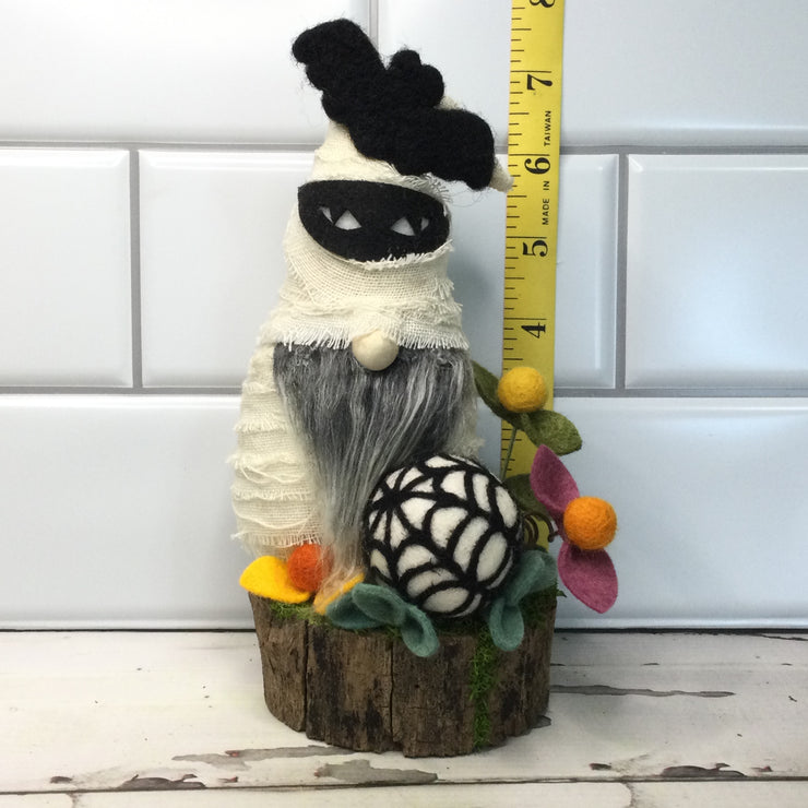 Mummy Gnome with Spiderweb & Flora on Natural Tree Stump/Halloween