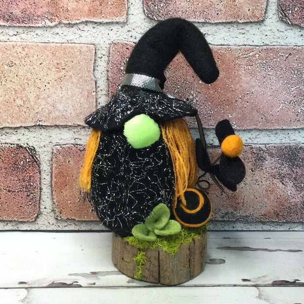 Witchy Gnome with Flora on Natural Tree Stump/Halloween