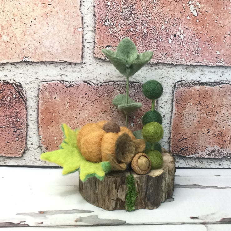 Ochre Pumpkin & Flora on Natural Tree Stump