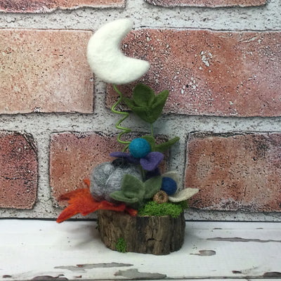 Grey Pumpkin, Moon & Flora on Natural Tree Stump