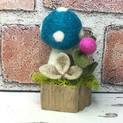 Teal Wooly Mushroom & Buds on Natural Tree Stump