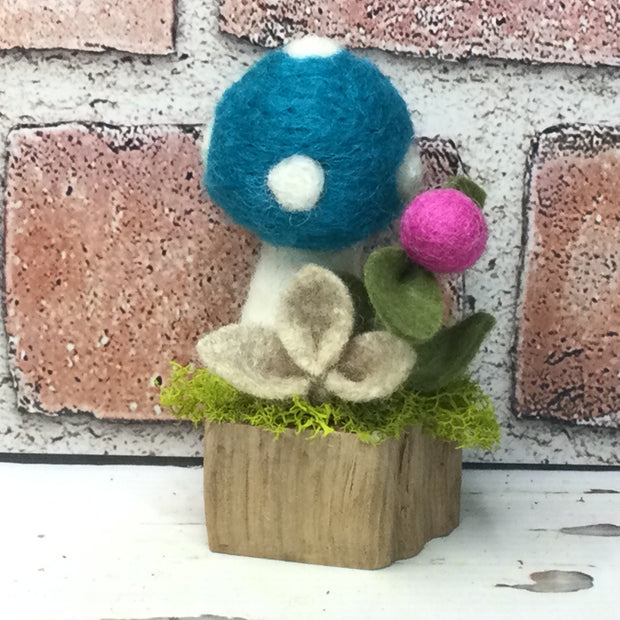 Teal Wooly Mushroom & Buds on Natural Tree Stump