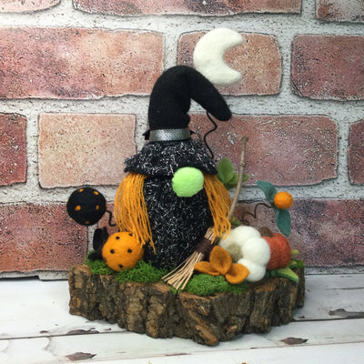 Witchy Gnome. Moon & Pumpkins with flora on Natural Tree Stump/Halloween