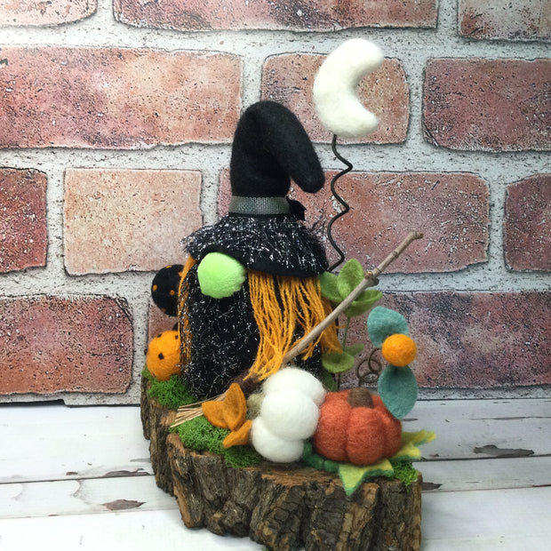 Witchy Gnome. Moon & Pumpkins with flora on Natural Tree Stump/Halloween