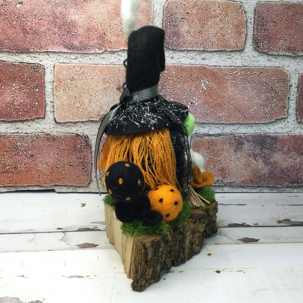 Witchy Gnome. Moon & Pumpkins with flora on Natural Tree Stump/Halloween