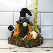 Witchy Gnome. Moon & Pumpkins with flora on Natural Tree Stump/Halloween