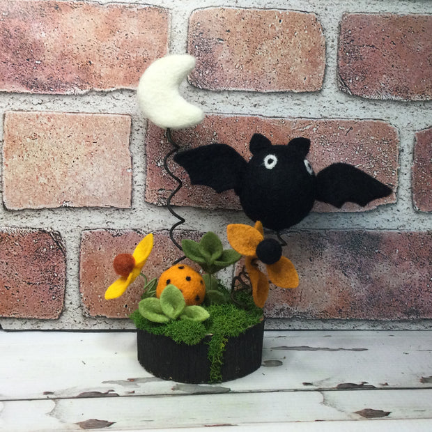 Bat with Moon & Flora on Natural Tree Stump/Halloween