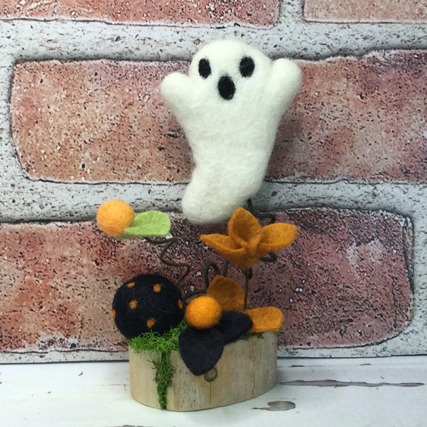 Ghost with Flora on Natural Tree Stump/Halloween